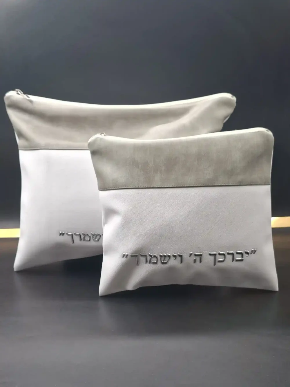 כיסויים לטלית ולתפילין אפור לבן